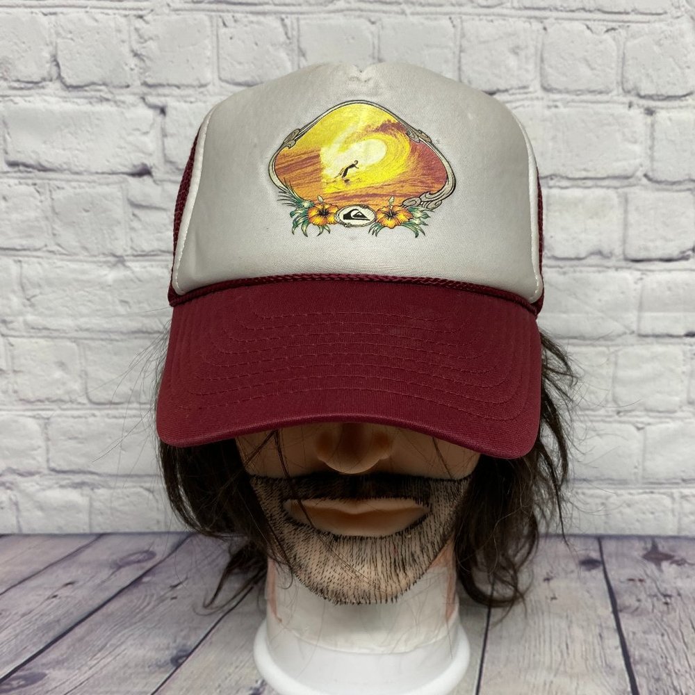 Vintage QUIKSILVER Trucker Hat Mesh Cap SMALL Snapback Burgundy White Graphics